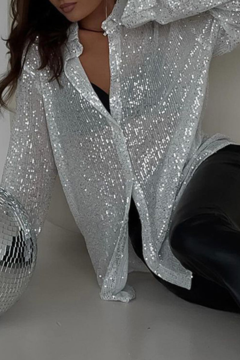 See-through Sequined Turndown Collar Blouses
