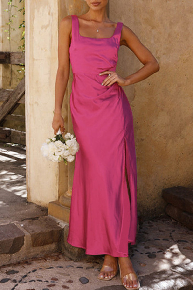 Celebrities Backless Slit Square Collar Wrapped Skirt Dresses(4 Colors)