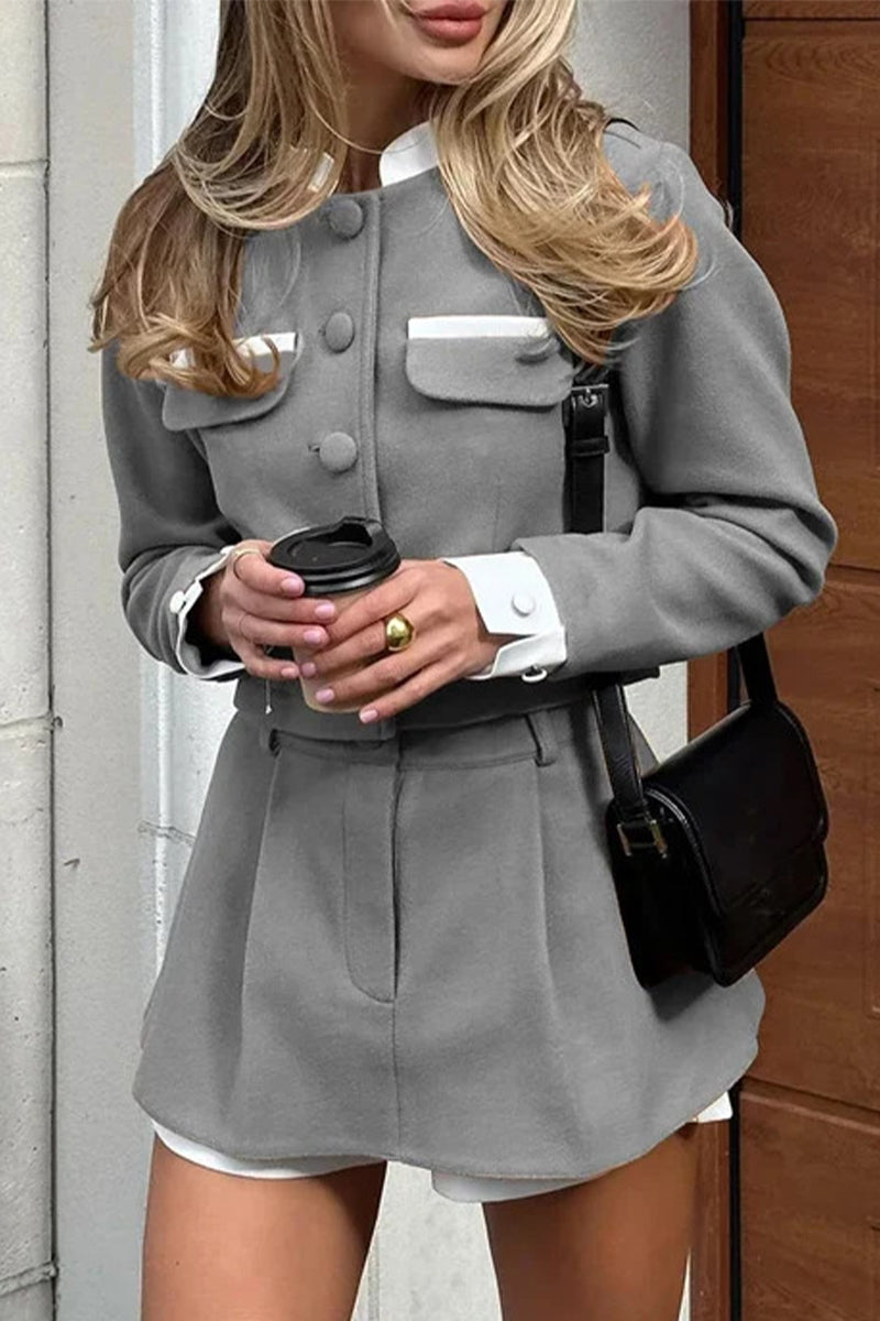 Celebrities Pocket Contrast Mandarin Collar Long Sleeve Two Pieces