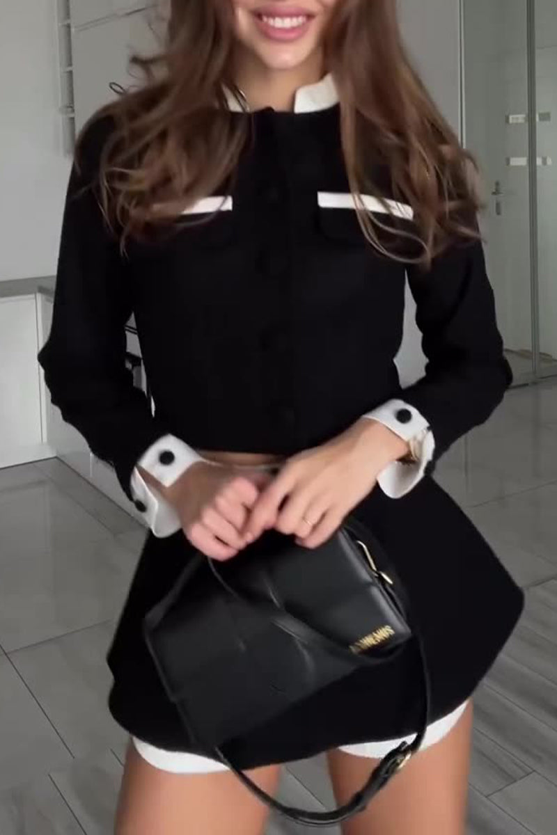 Celebrities Pocket Contrast Mandarin Collar Long Sleeve Two Pieces