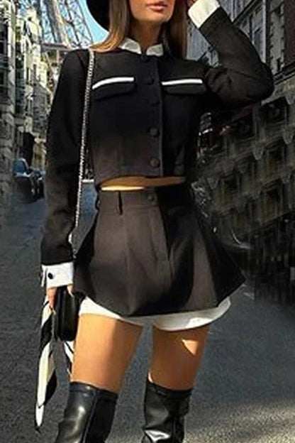 Celebrities Pocket Contrast Mandarin Collar Long Sleeve Two Pieces