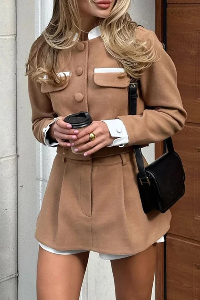 Celebrities Pocket Contrast Mandarin Collar Long Sleeve Two Pieces