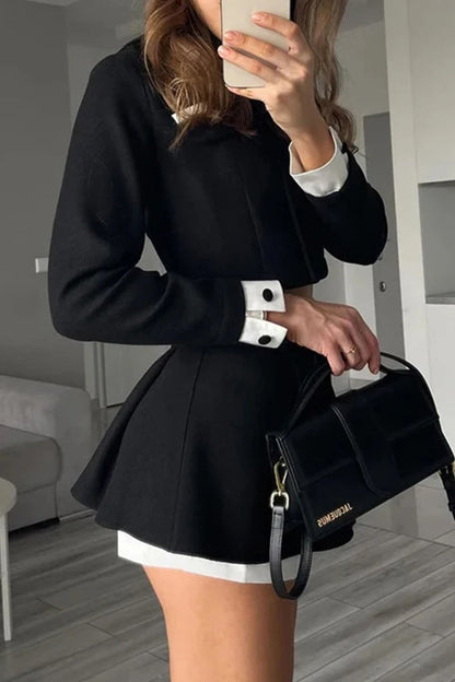 Celebrities Pocket Contrast Mandarin Collar Long Sleeve Two Pieces