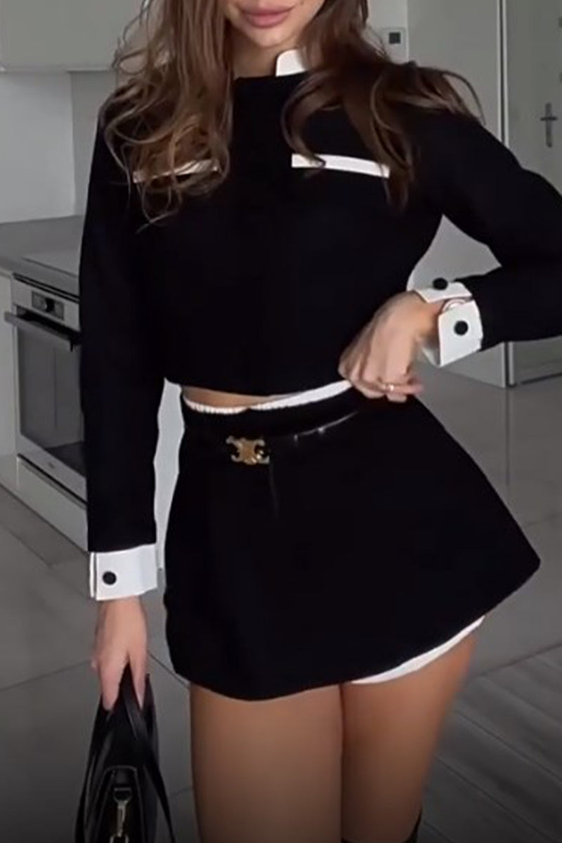 Celebrities Pocket Contrast Mandarin Collar Long Sleeve Two Pieces