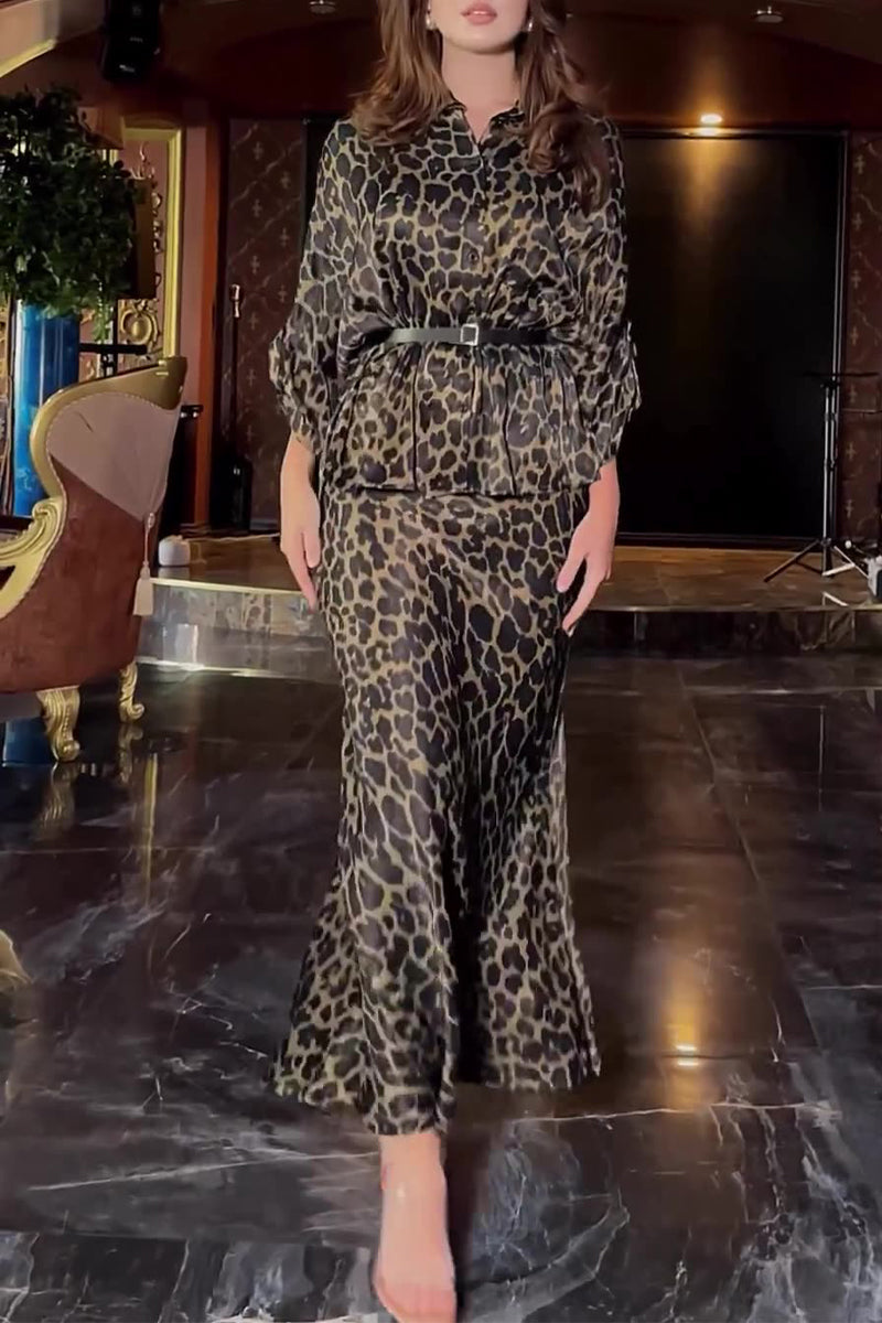 Leopard With Belt Turndown Collar Long Sleeve Two Pieces