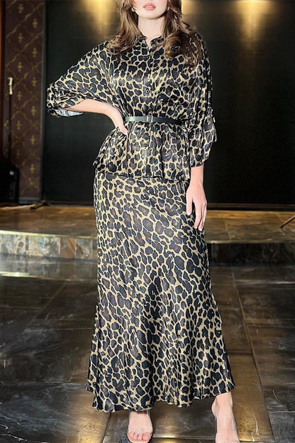 Leopard With Belt Turndown Collar Long Sleeve Two Pieces