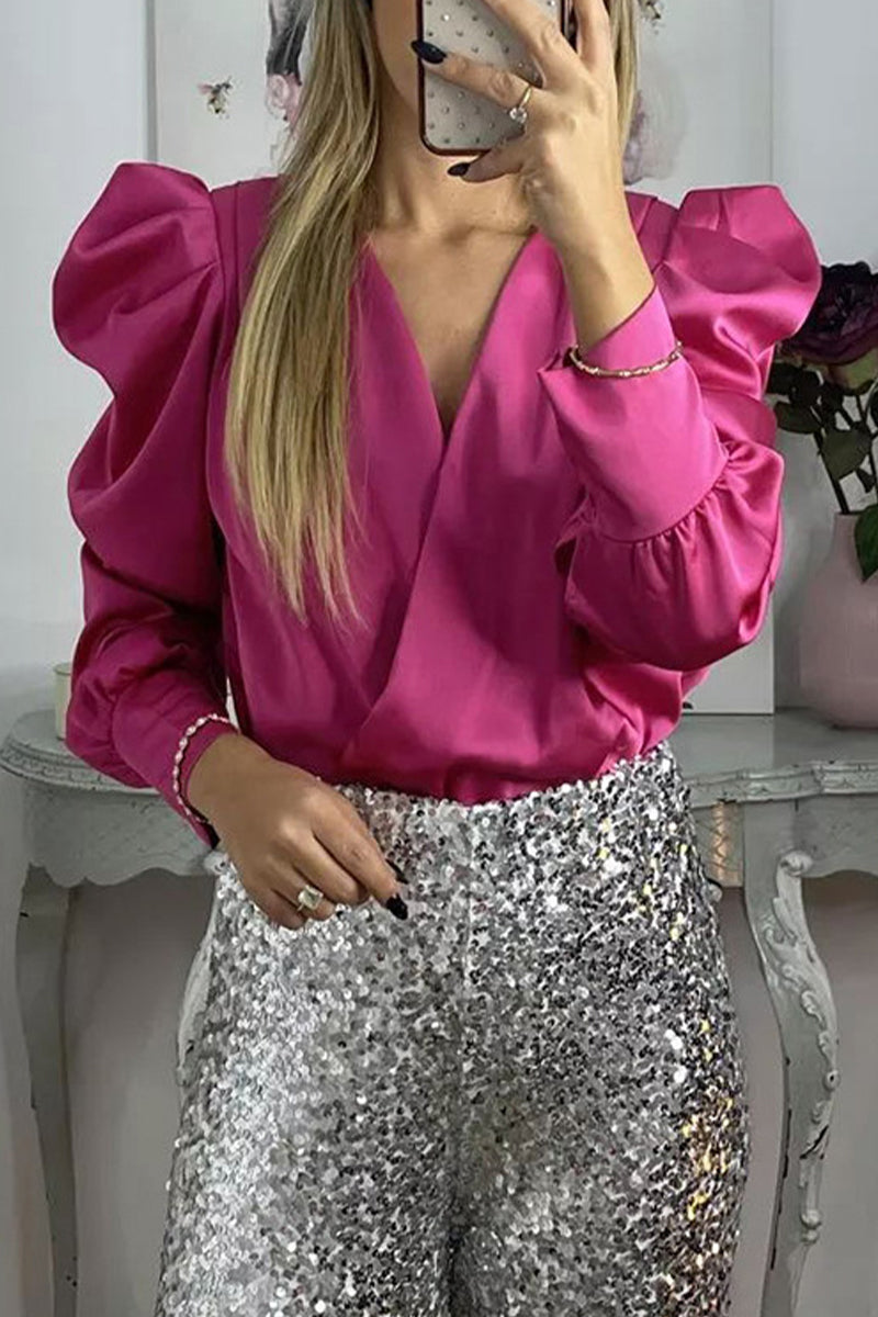 Celebrities Fold V Neck Blouses(4 Colors)