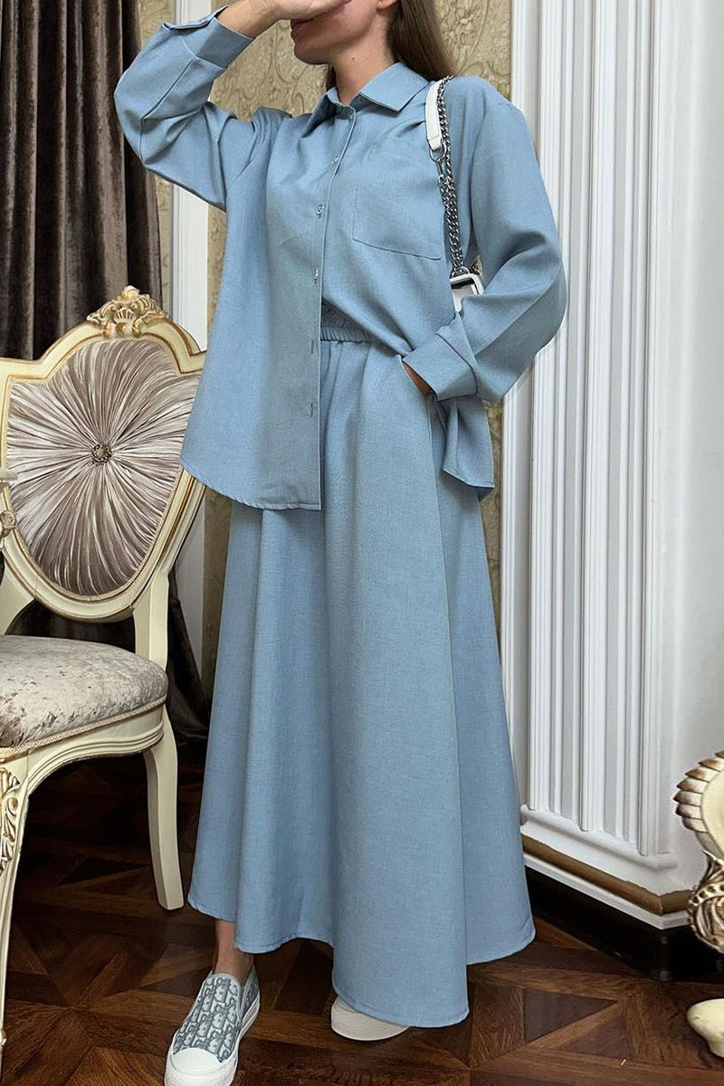 Sweet Buttons Turndown Collar Long Sleeve Two Pieces