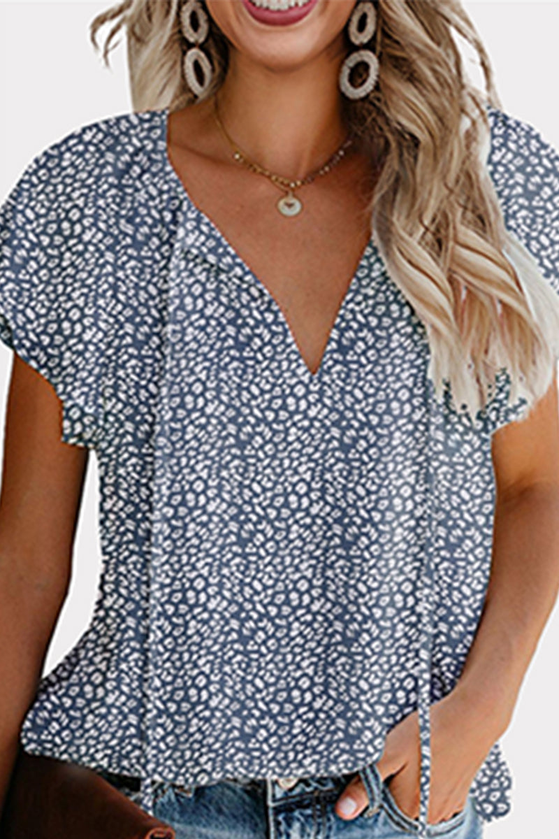 Print Patchwork Frenulum V Neck Blouses(8 Colors)