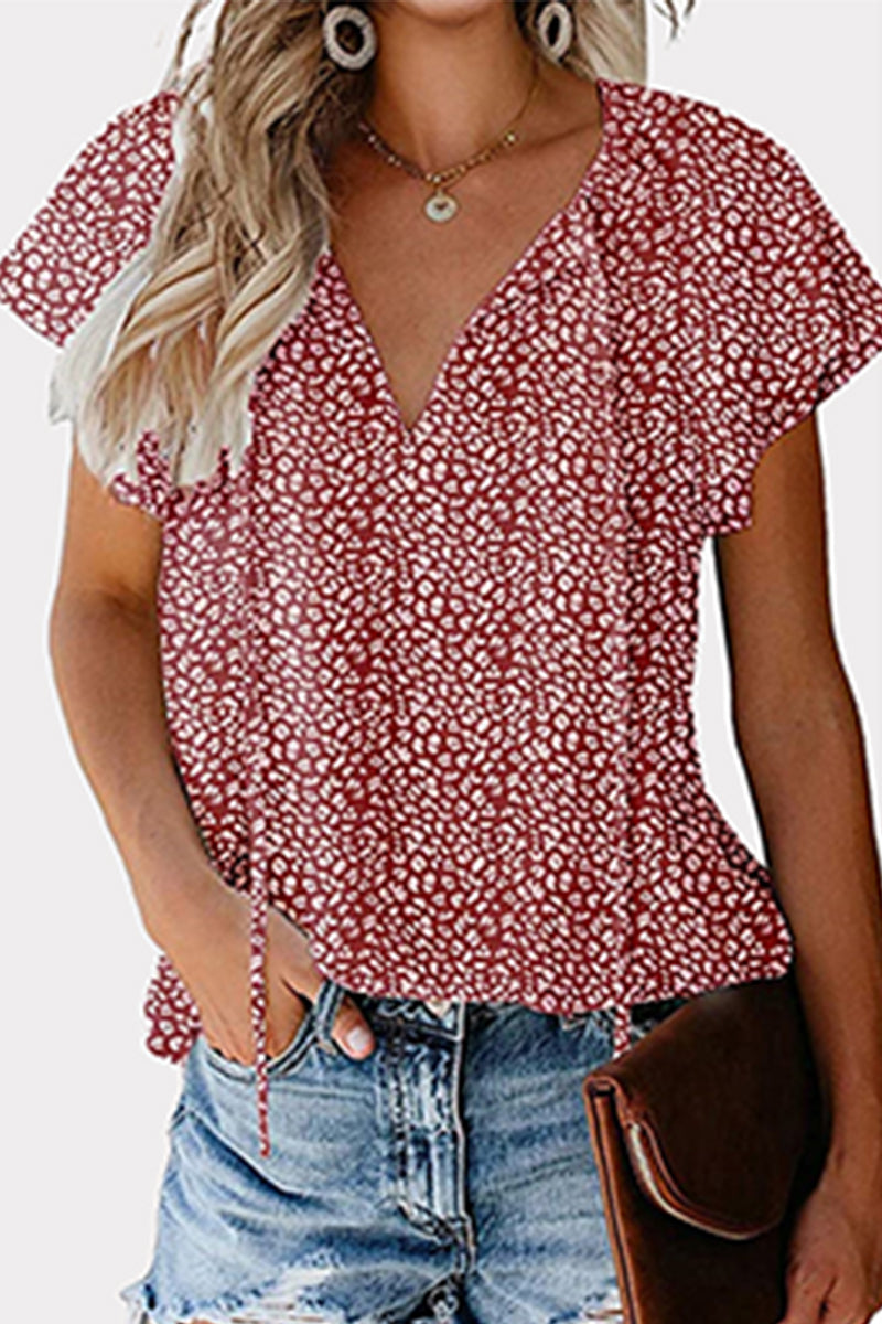 Print Patchwork Frenulum V Neck Blouses(8 Colors)