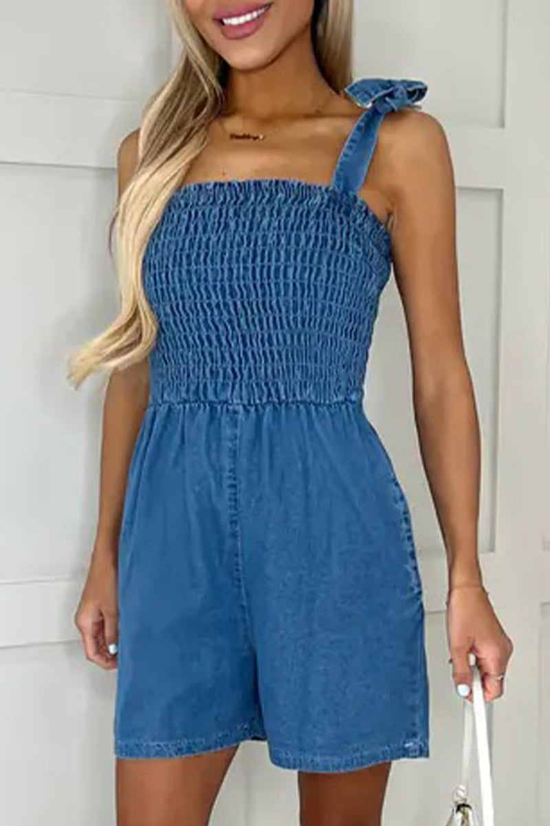 Pocket Square Collar Sleeveless Loose Denim Jumpsuits