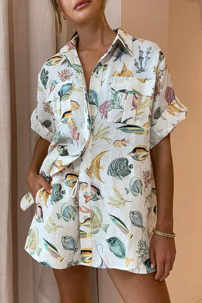 Vacation Print Animal Pocket Turndown Collar Short Sleeve Two Pieces