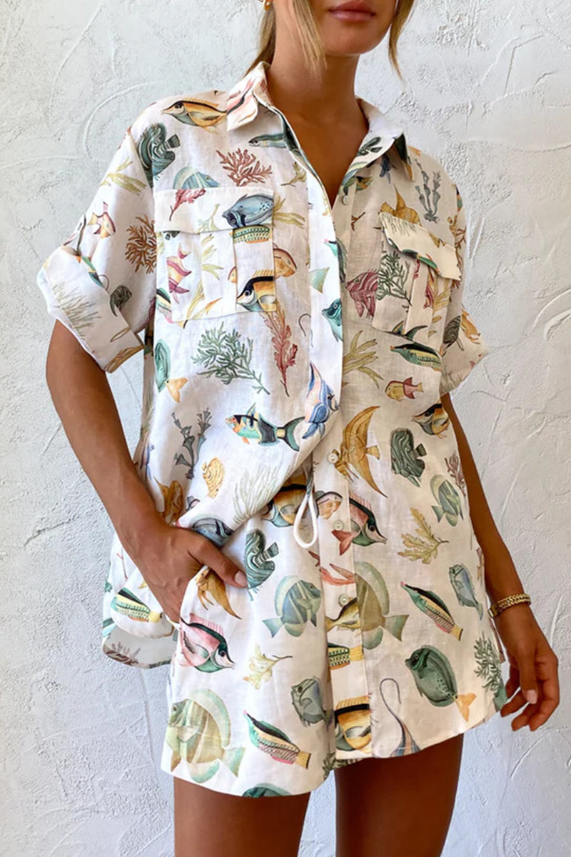 Vacation Print Animal Pocket Turndown Collar Short Sleeve Two Pieces