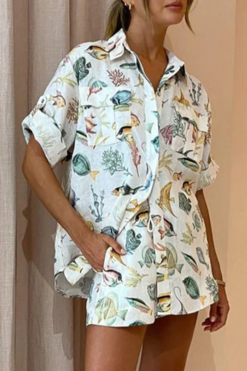 Vacation Print Animal Pocket Turndown Collar Short Sleeve Two Pieces