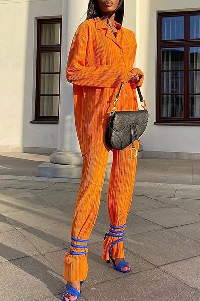 Buttons Fold Turndown Collar Long Sleeve Two Pieces