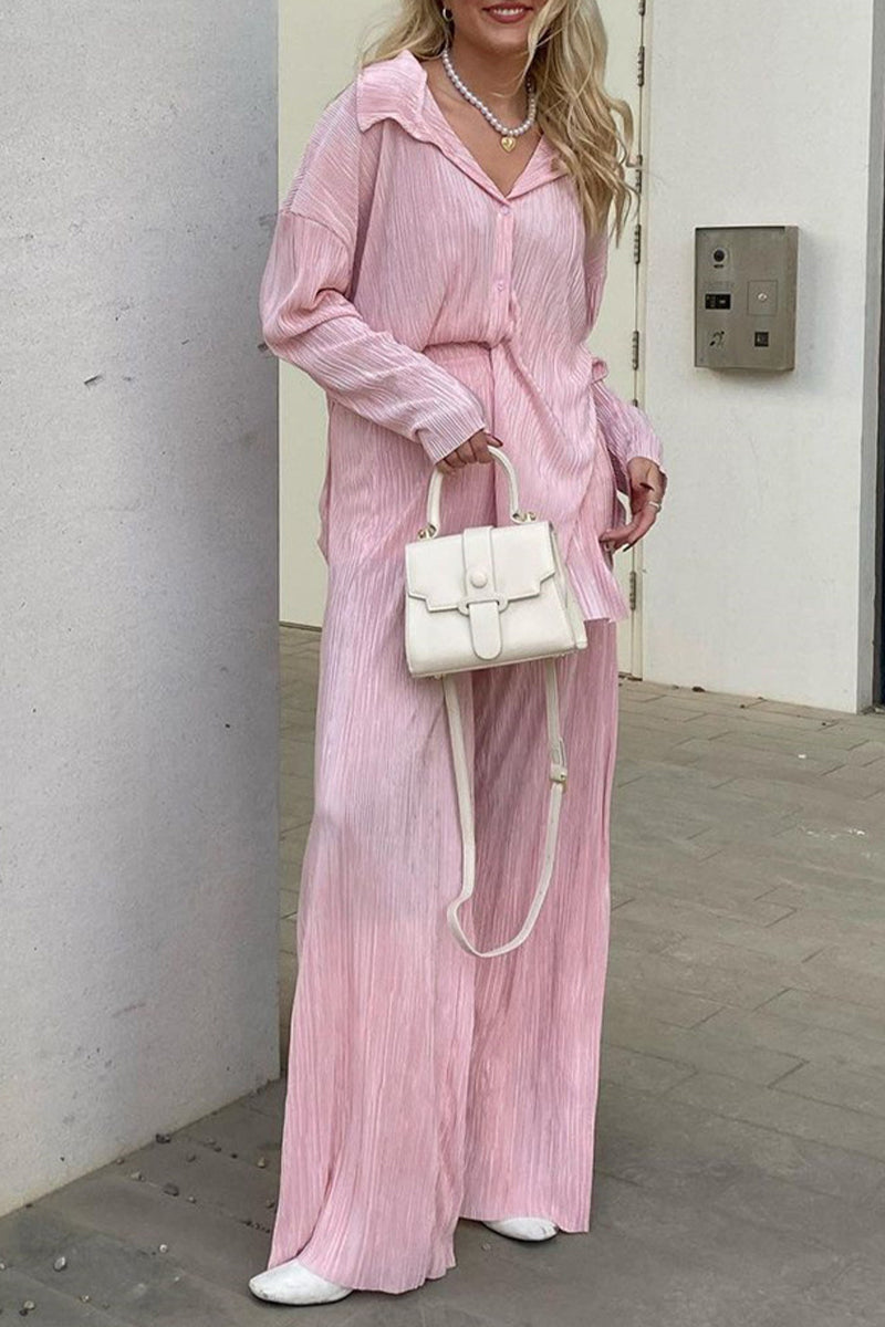 Buttons Fold Turndown Collar Long Sleeve Two Pieces