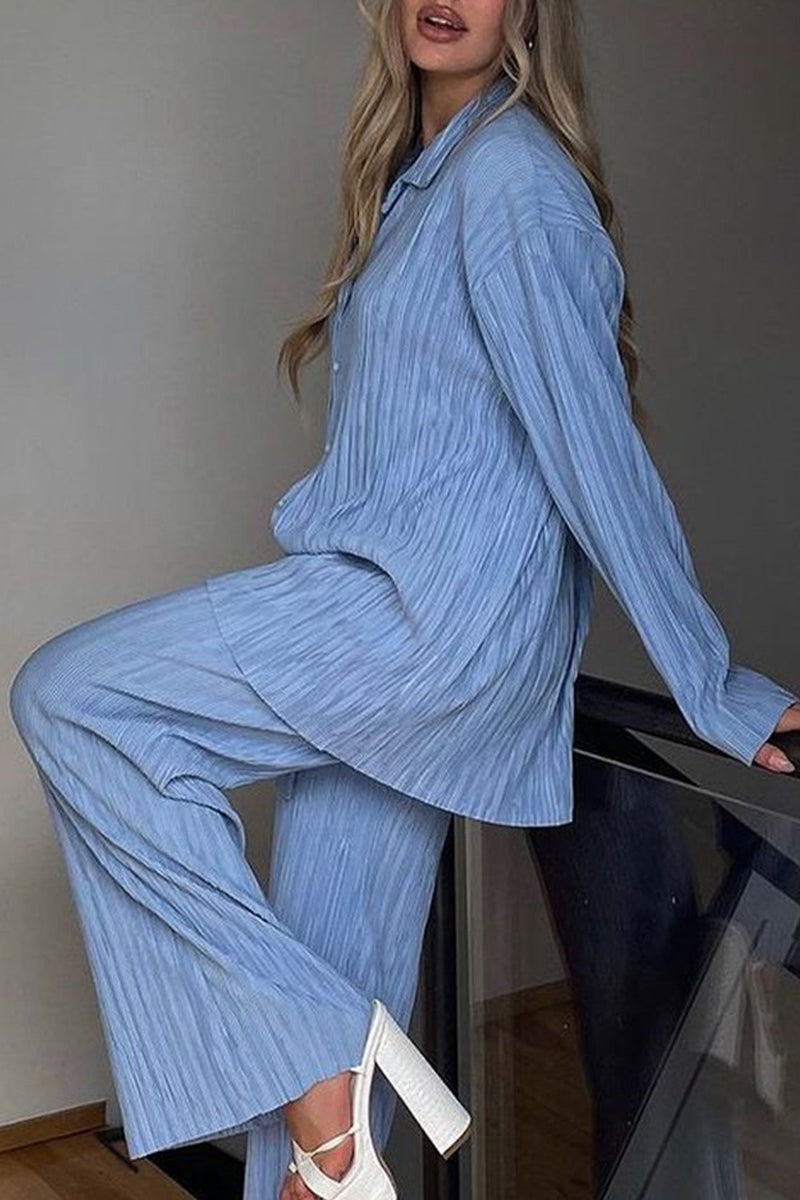 Buttons Fold Turndown Collar Long Sleeve Two Pieces