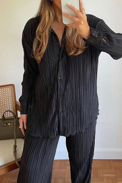 Buttons Fold Turndown Collar Long Sleeve Two Pieces