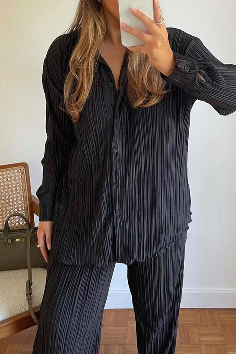 Buttons Fold Turndown Collar Long Sleeve Two Pieces