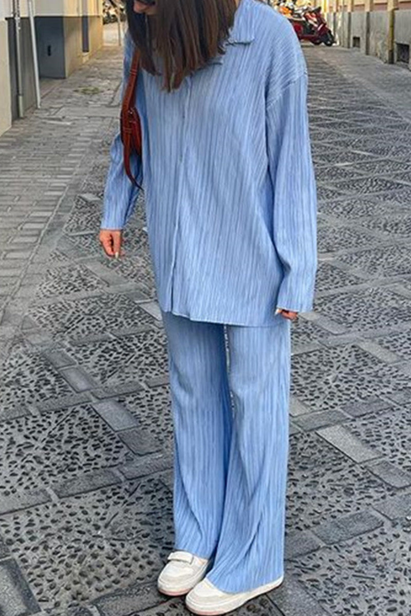 Buttons Fold Turndown Collar Long Sleeve Two Pieces