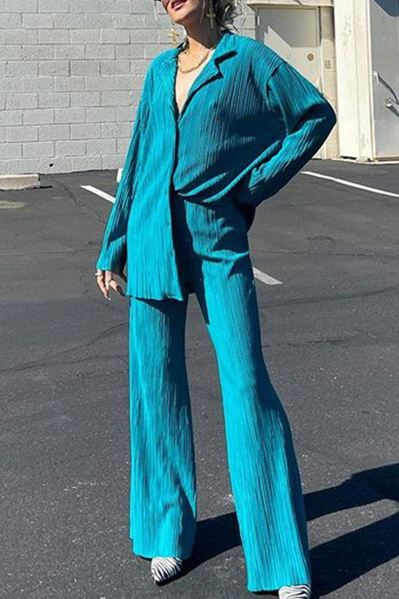 Buttons Fold Turndown Collar Long Sleeve Two Pieces