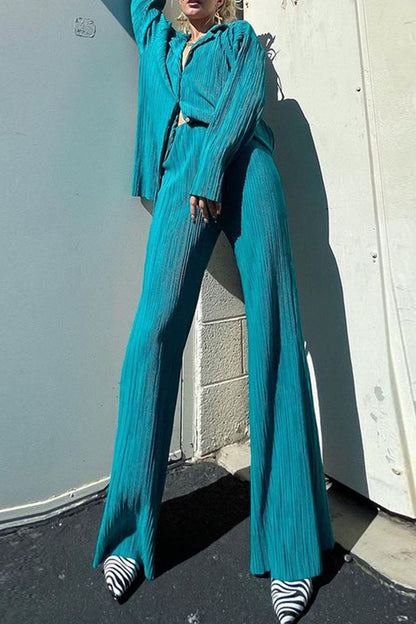 Buttons Fold Turndown Collar Long Sleeve Two Pieces