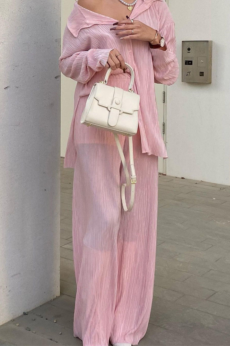 Buttons Fold Turndown Collar Long Sleeve Two Pieces