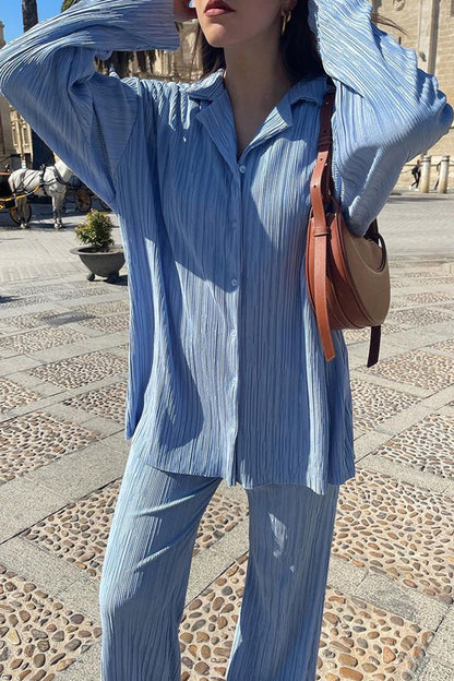 Buttons Fold Turndown Collar Long Sleeve Two Pieces
