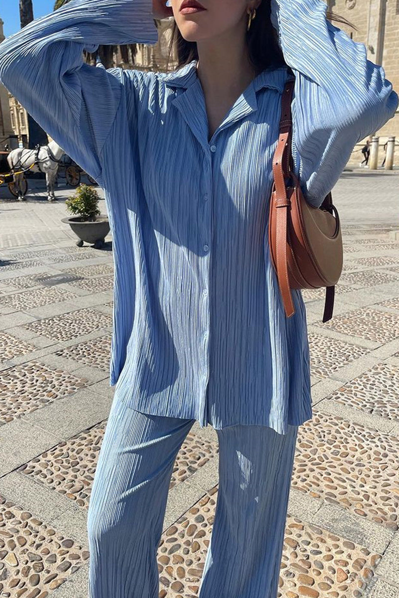 Buttons Fold Turndown Collar Long Sleeve Two Pieces