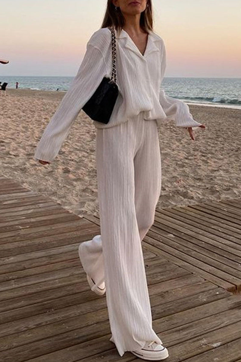 Buttons Fold Turndown Collar Long Sleeve Two Pieces