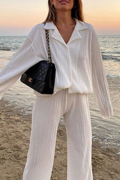 Buttons Fold Turndown Collar Long Sleeve Two Pieces