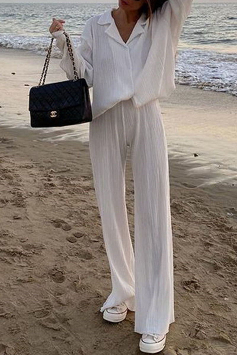 Buttons Fold Turndown Collar Long Sleeve Two Pieces