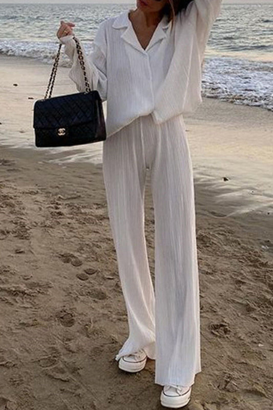 Buttons Fold Turndown Collar Long Sleeve Two Pieces