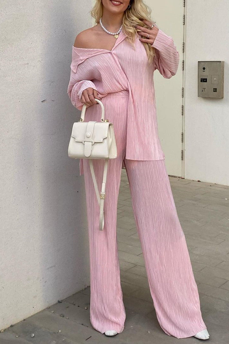 Buttons Fold Turndown Collar Long Sleeve Two Pieces