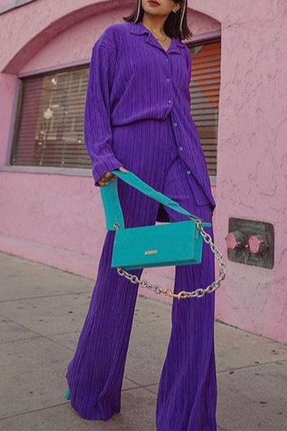 Buttons Fold Turndown Collar Long Sleeve Two Pieces