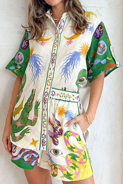 Vacation Print Graffiti Pocket Turndown Collar Short Sleeve Two Pieces