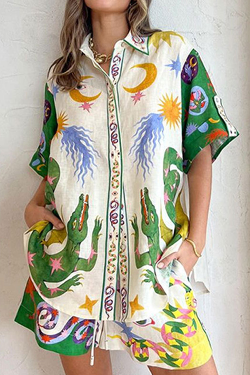 Vacation Print Graffiti Pocket Turndown Collar Short Sleeve Two Pieces