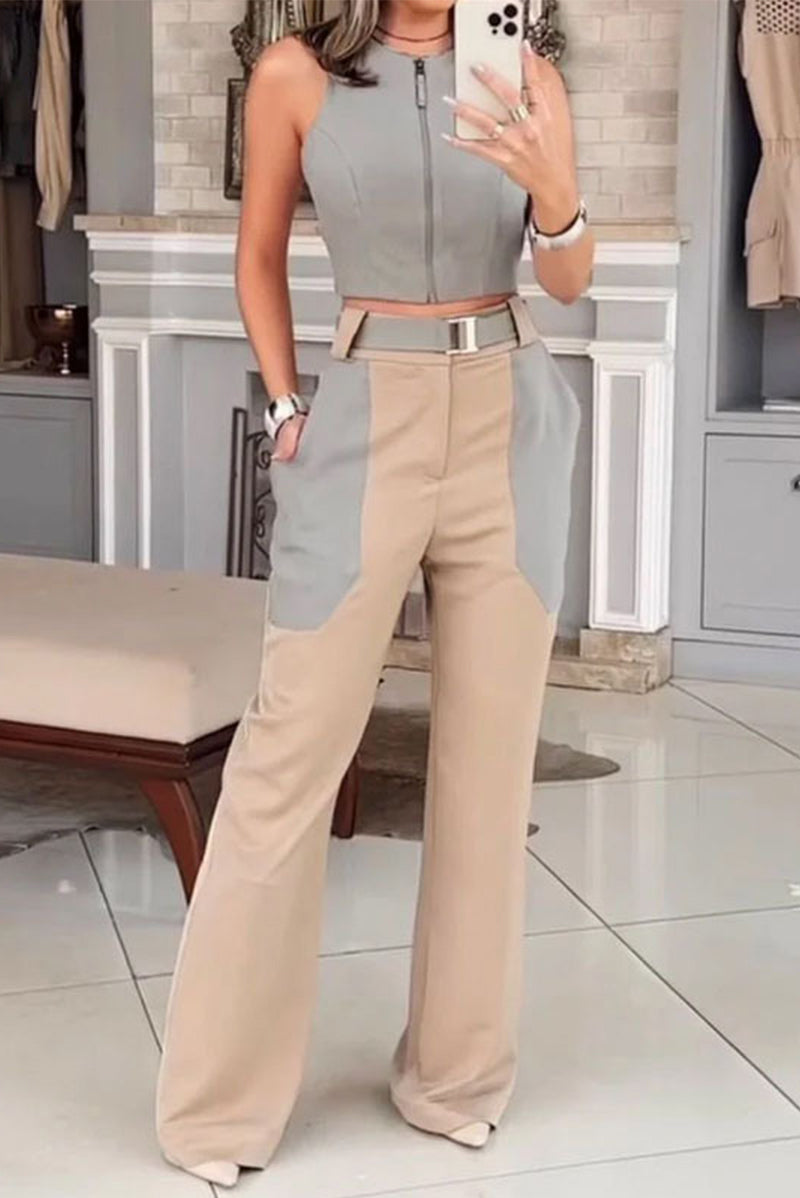 Color Block Pocket Contrast O Neck Sleeveless Two Pieces