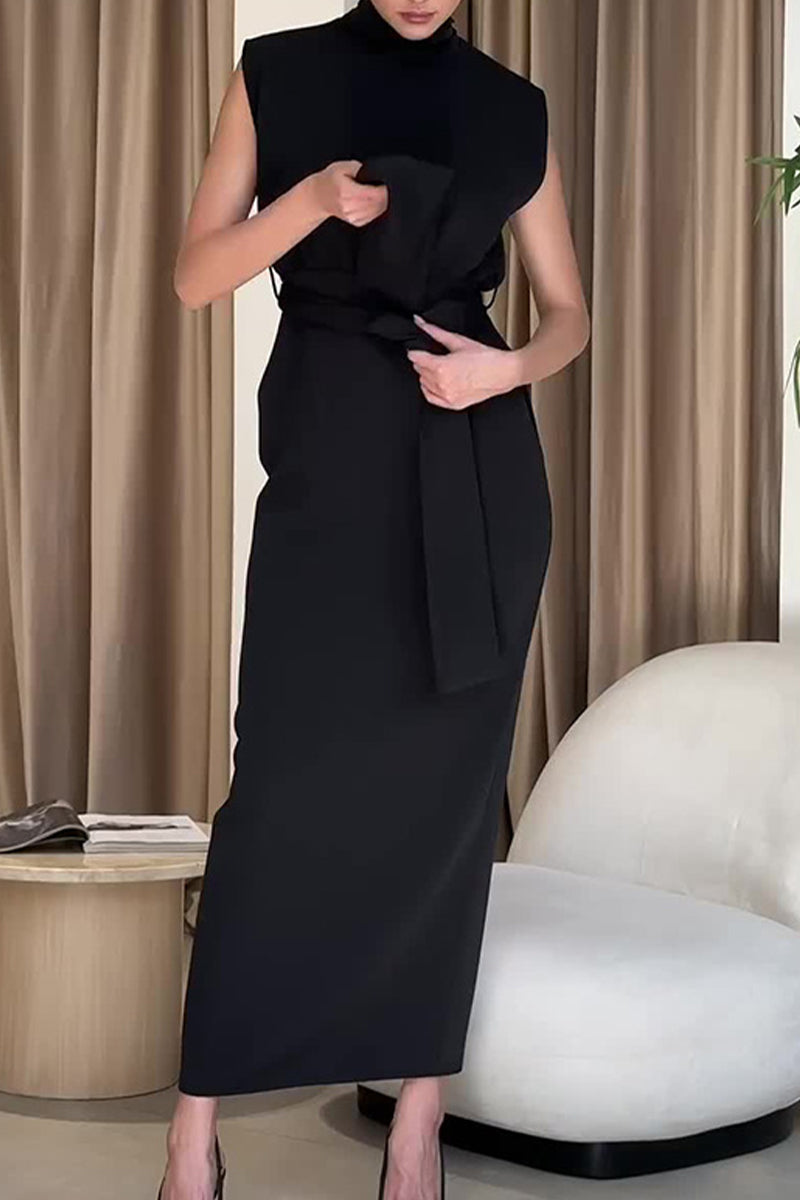 Slit With Belt Half a Turtleneck One Step Skirt Dresses