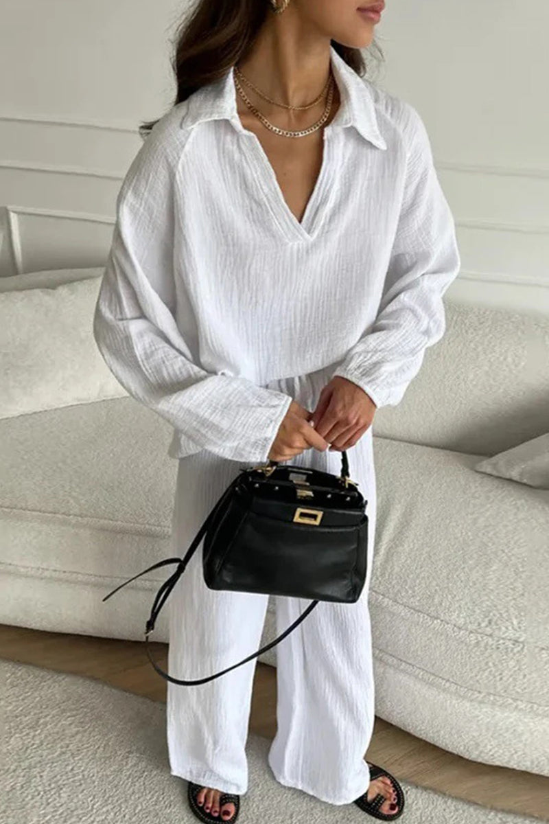 Simplicity Frenulum Turndown Collar Long Sleeve Two Pieces