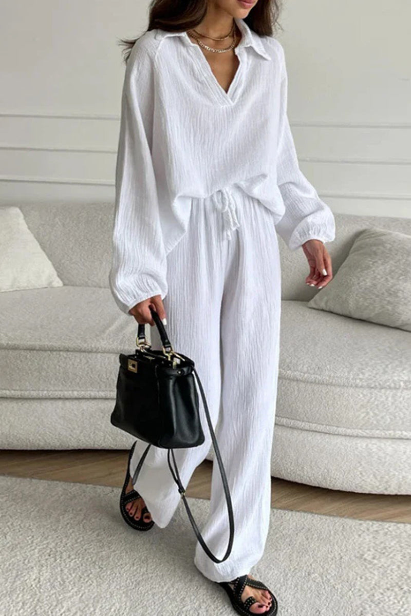 Simplicity Frenulum Turndown Collar Long Sleeve Two Pieces