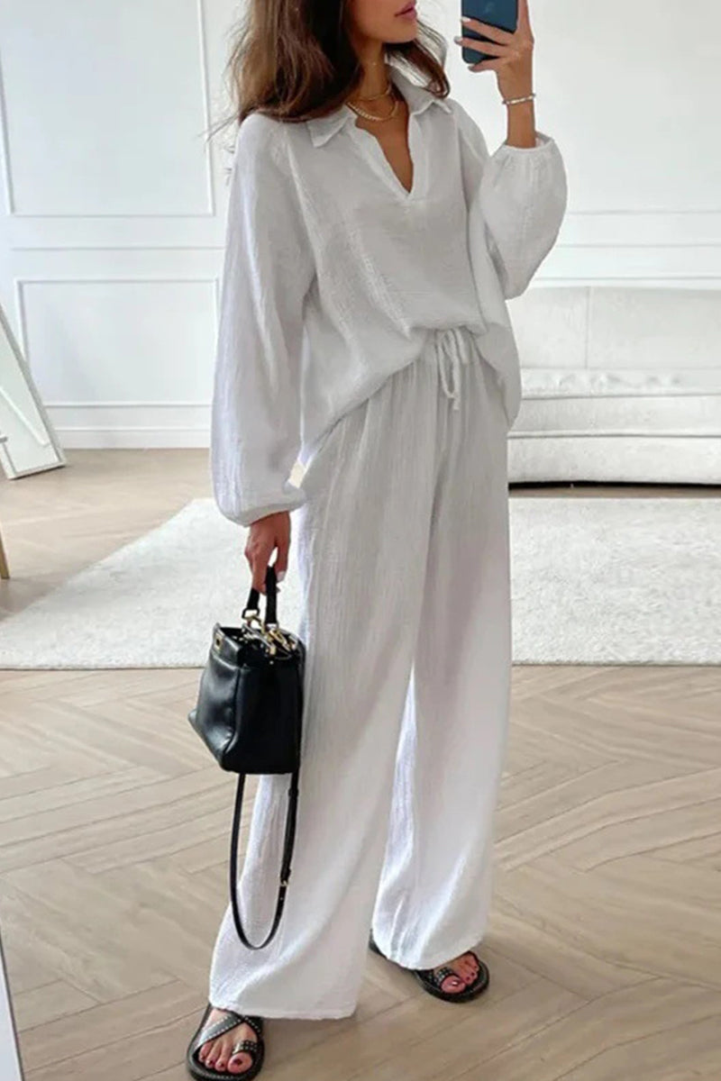 Simplicity Frenulum Turndown Collar Long Sleeve Two Pieces
