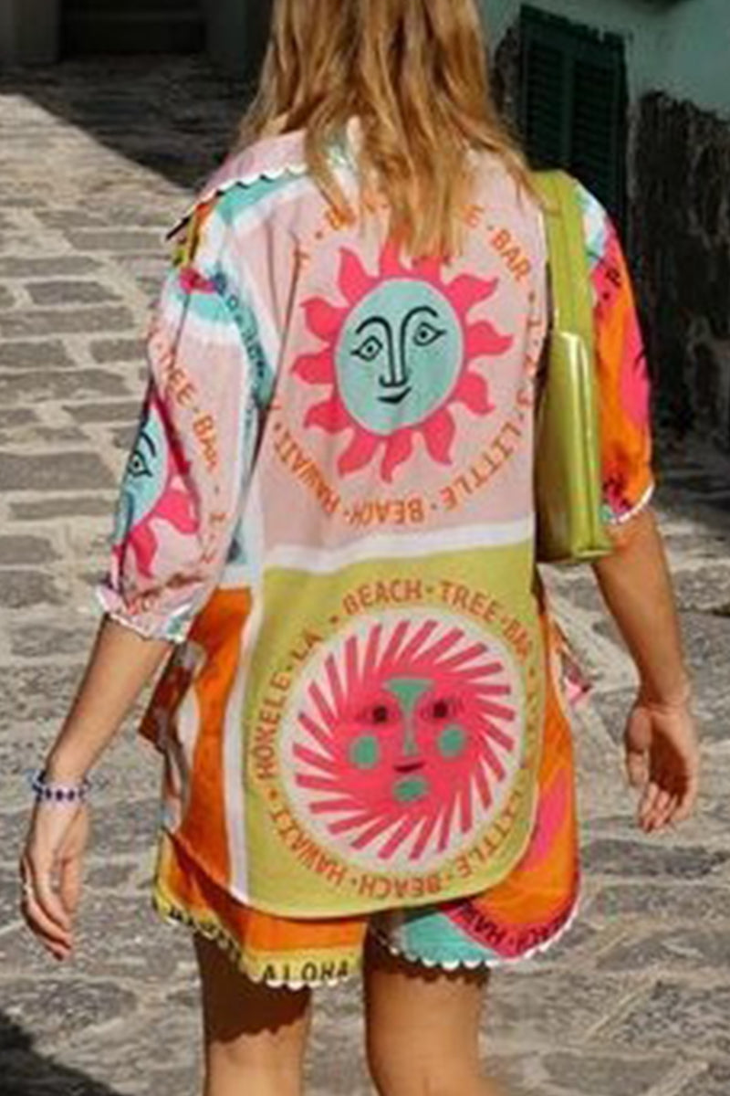 Vacation Simplicity Geometric Print Patchwork Turndown Collar Short Sleeve Two Pieces