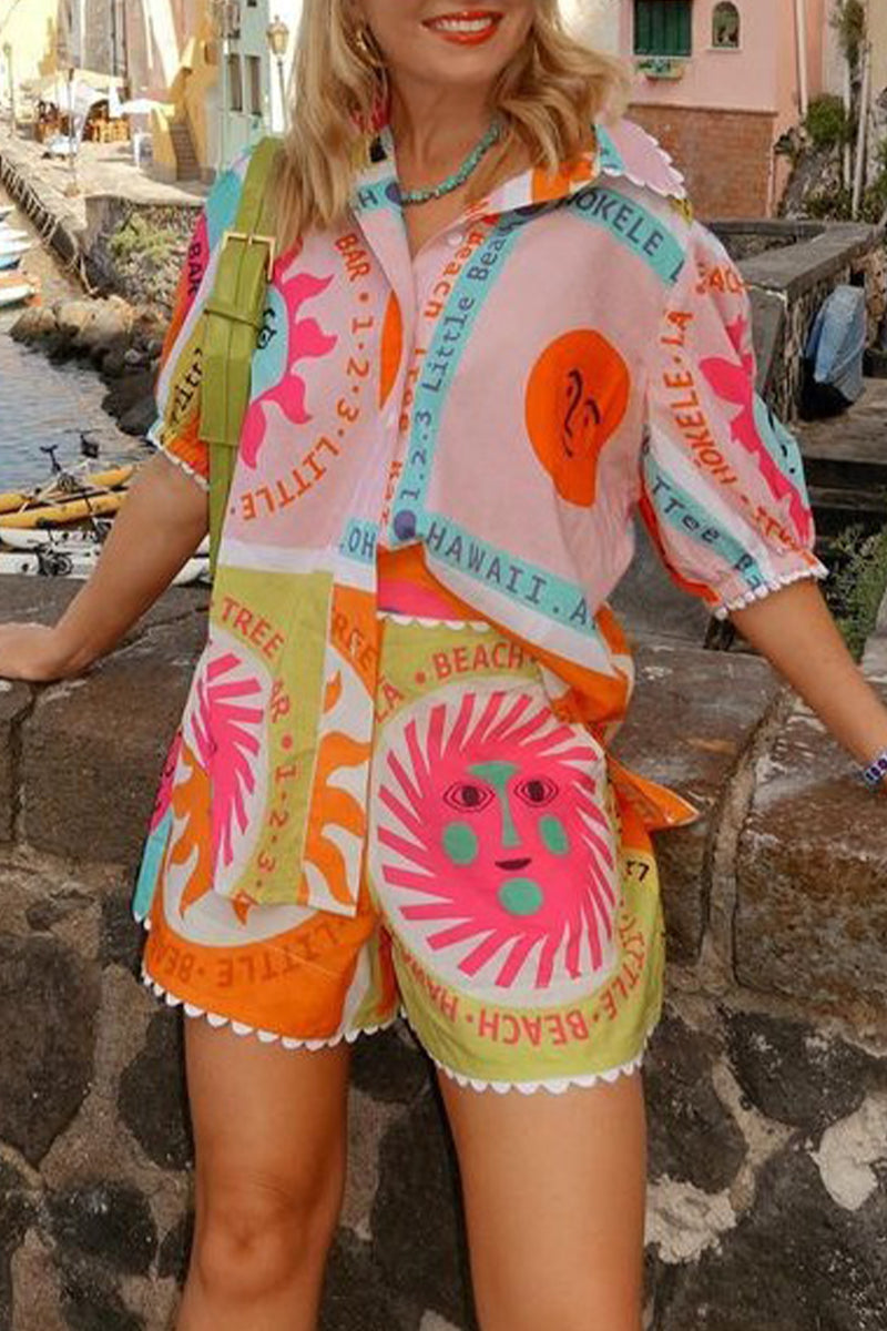 Vacation Simplicity Geometric Print Patchwork Turndown Collar Short Sleeve Two Pieces