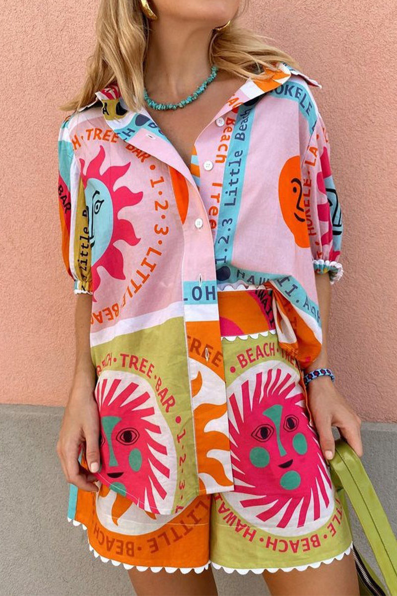 Vacation Simplicity Geometric Print Patchwork Turndown Collar Short Sleeve Two Pieces
