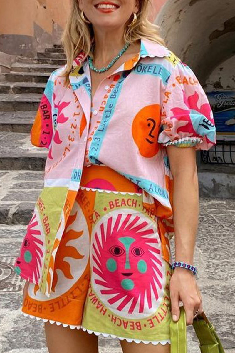 Vacation Simplicity Geometric Print Patchwork Turndown Collar Short Sleeve Two Pieces