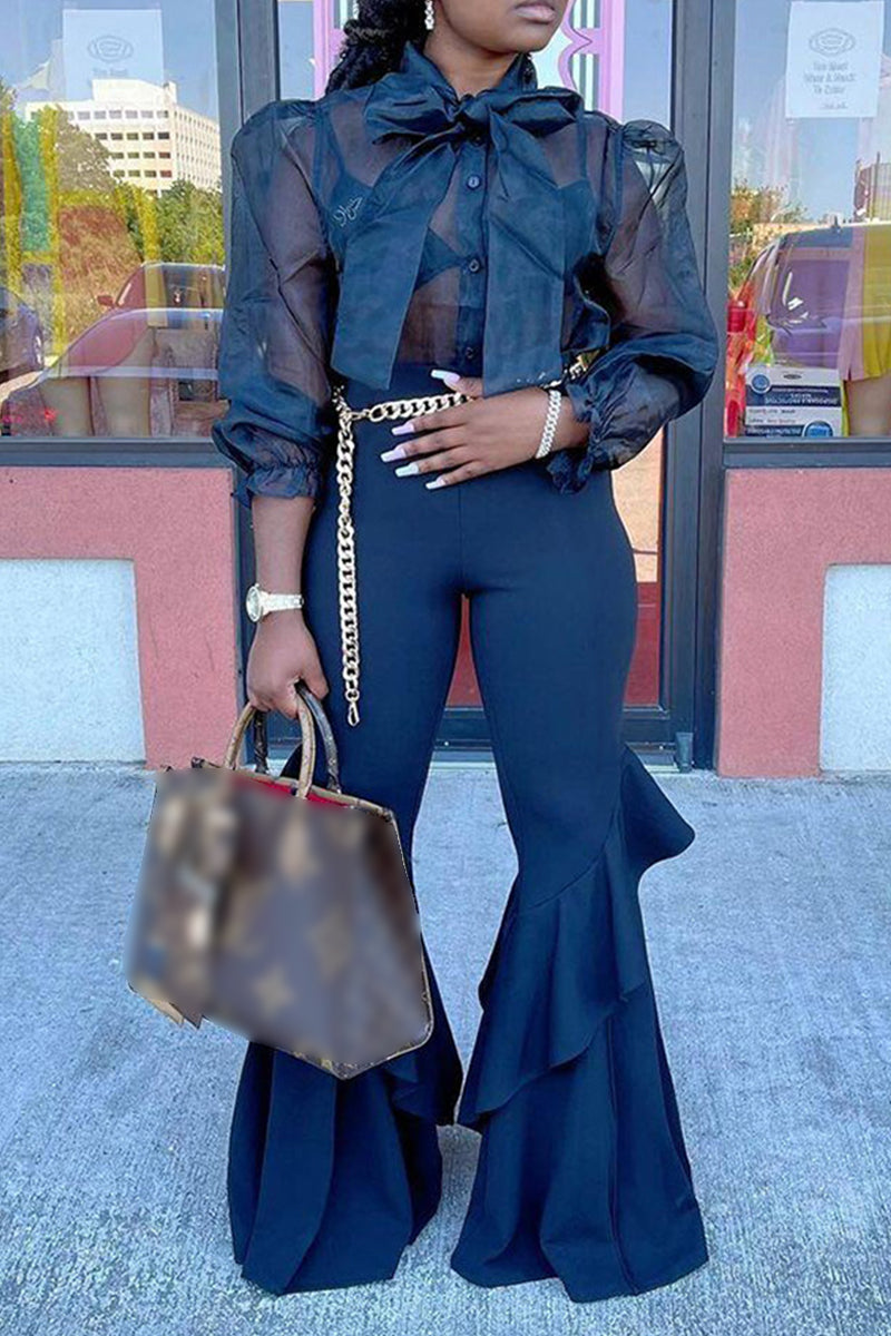 Frenulum See-through With Bow Long Sleeve Two Pieces