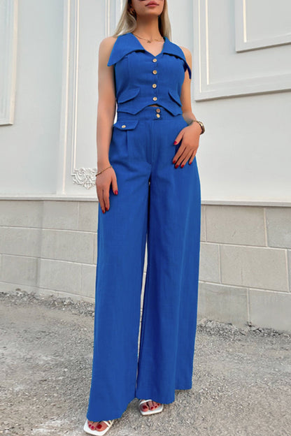 British Style Pocket Buttons Turndown Collar Sleeveless Two Pieces
