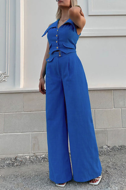 British Style Pocket Buttons Turndown Collar Sleeveless Two Pieces