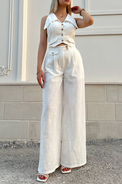 British Style Pocket Buttons Turndown Collar Sleeveless Two Pieces